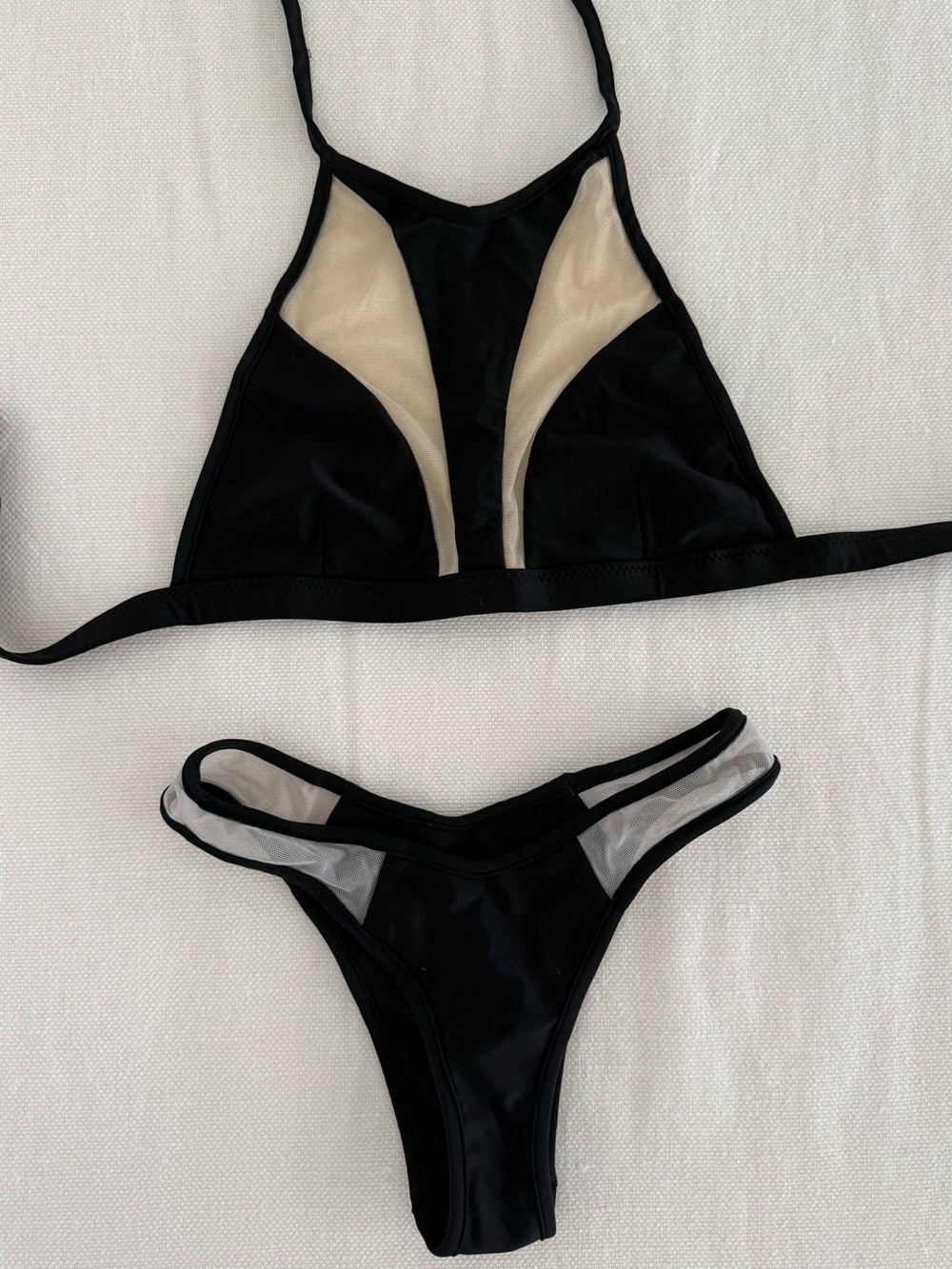 Black & Nude Mesh Trim High-Neck Bikini Set